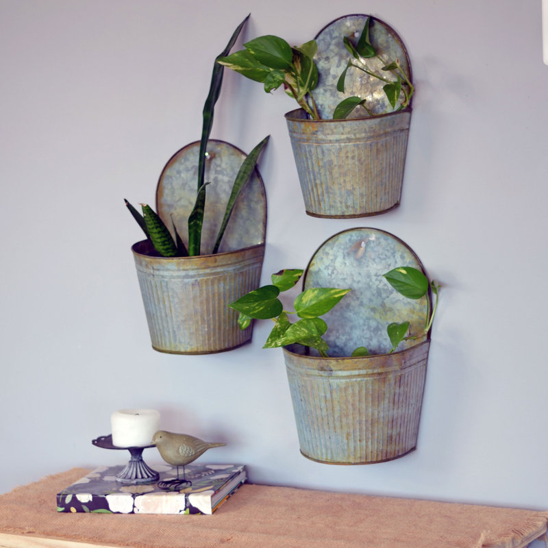 Gracie Oaks Dayne Feed Bin 3Piece Galvanized Metal Wall Planter Set